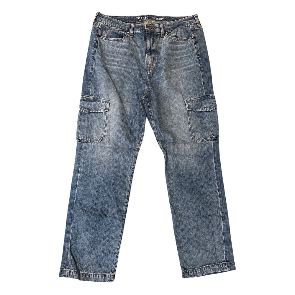 Torrid Cargo Jeans Women 14R Blue High Rise Straight Vintage Stretch‎ Denim